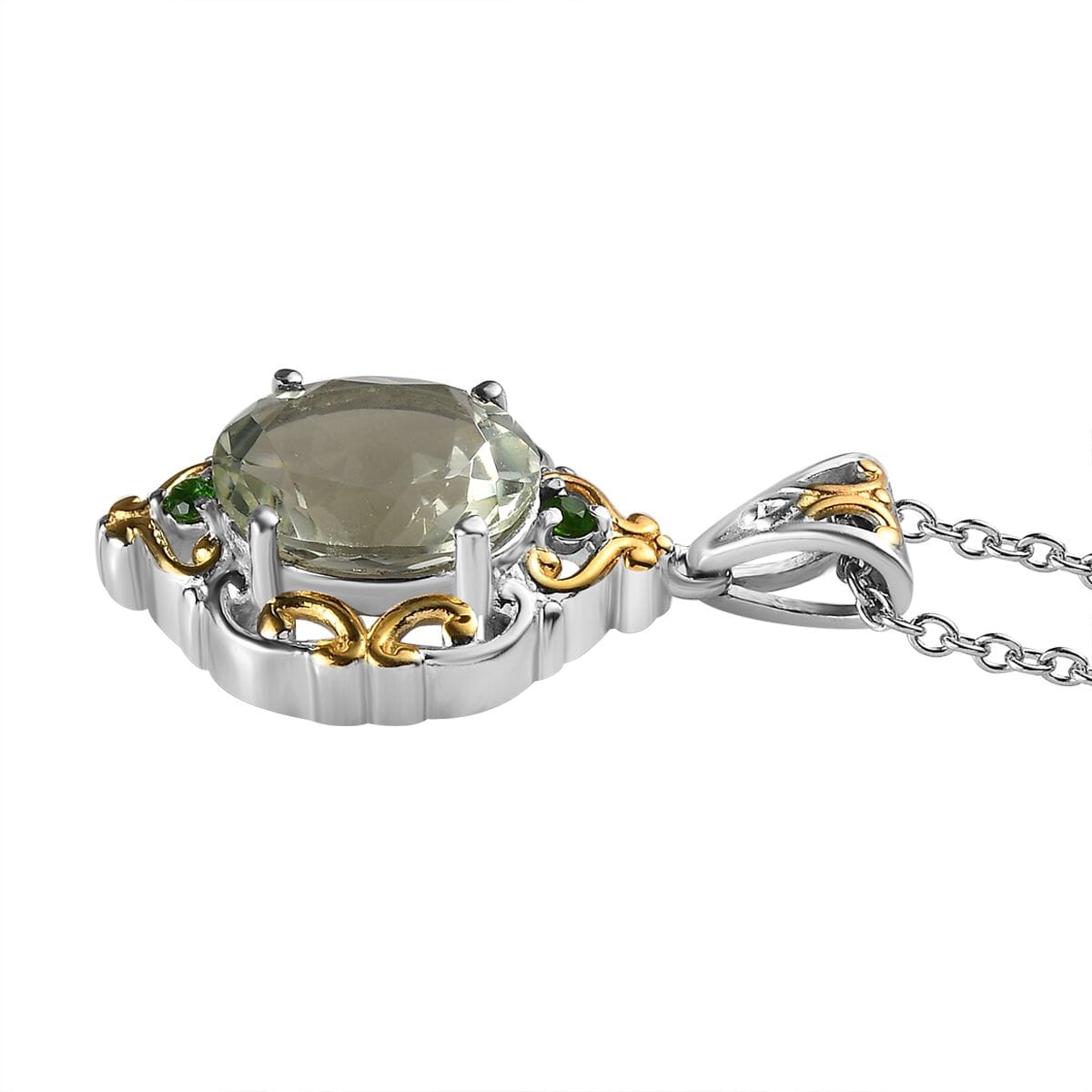 Montezuma Prasiolite and Chrome Diopside Ring (Size 6.0) and Pendant Necklace 20 Inches in ION Plated YG and Stainless Steel 8.80 ctw image number 6