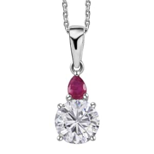 Moissanite and Niassa Ruby (FF) Pendant Necklace 20 Inches in Platinum Over Sterling Silver 1.40 ctw