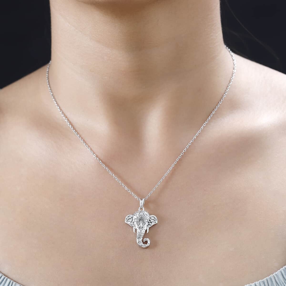 Elephant Pendant in Platinum Over Sterling Silver 4.10 Grams with Stainless Steel Necklace 20 Inches 6.15 Grams image number 2