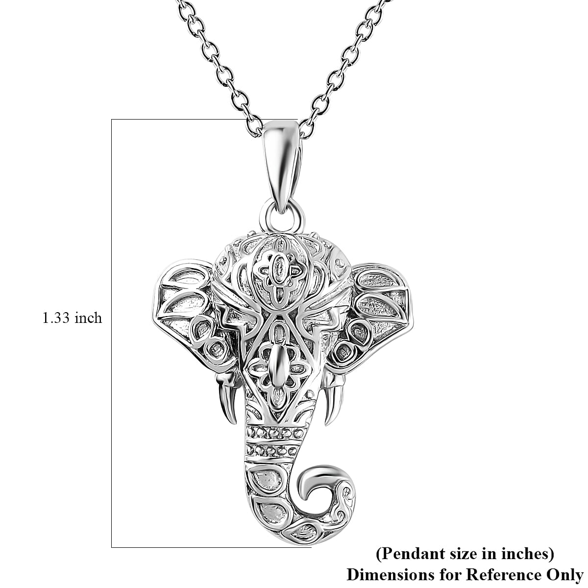 Elephant Pendant in Platinum Over Sterling Silver 4.10 Grams with Stainless Steel Necklace 20 Inches 6.15 Grams