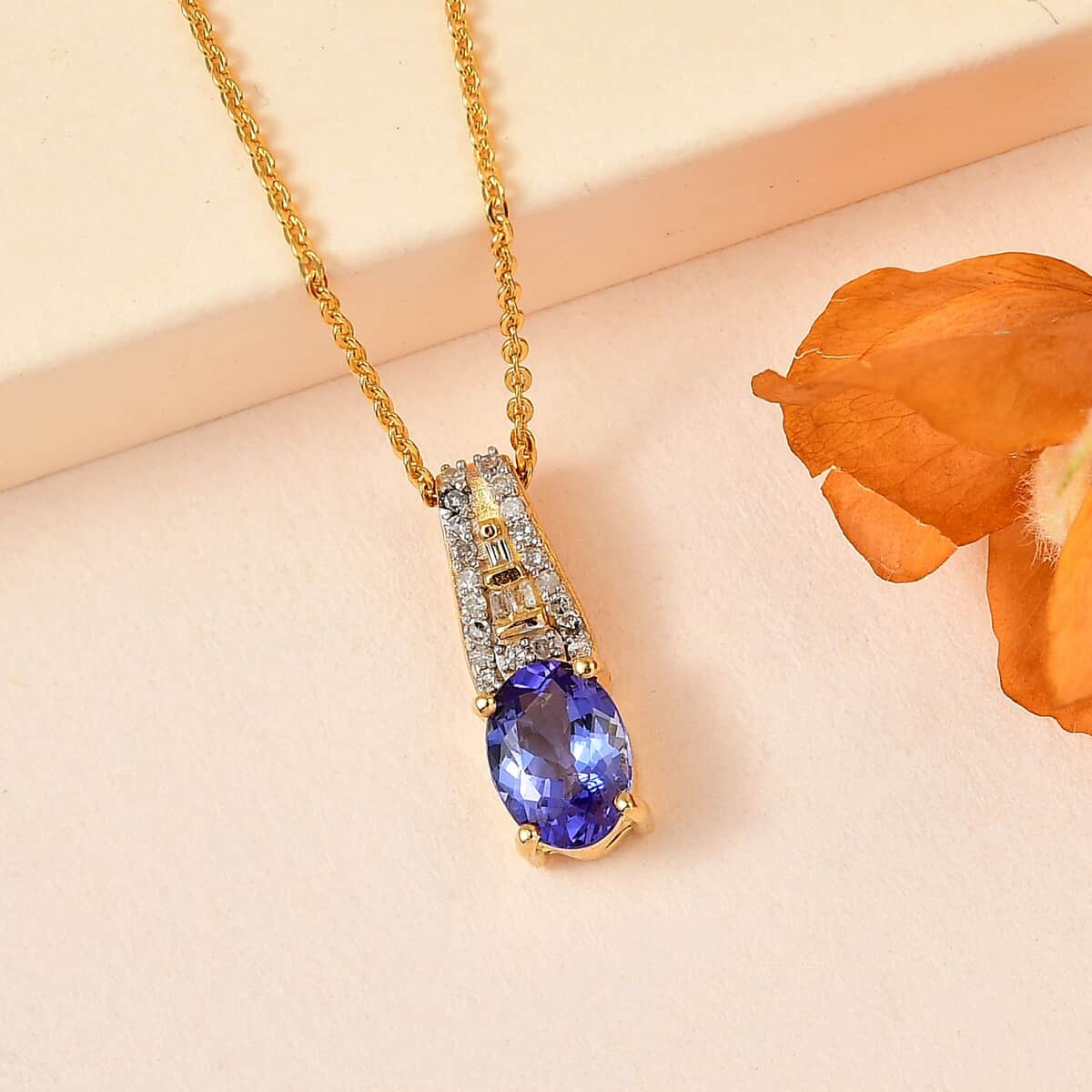 AAA Tanzanite and Diamond Pendant Necklace 20 Inches in Vermeil Yellow Gold Over Sterling Silver 1.00 ctw image number 1