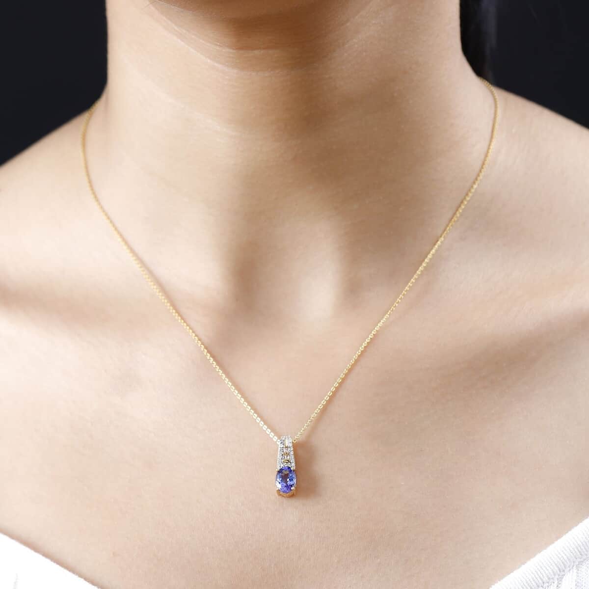AAA Tanzanite and Diamond Pendant Necklace 20 Inches in Vermeil Yellow Gold Over Sterling Silver 1.00 ctw image number 2