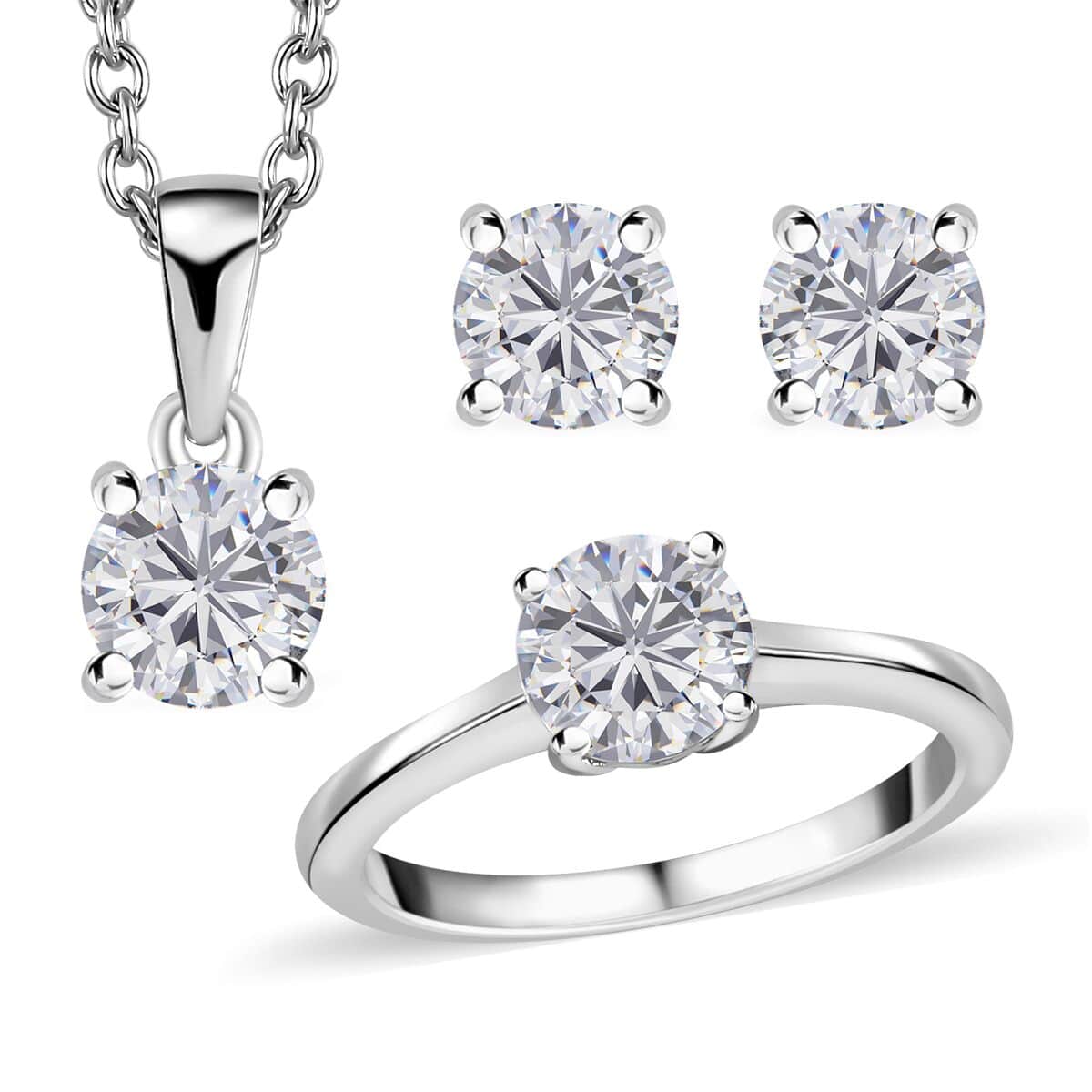 Moissanite Earrings, Solitaire Ring (Size 5.0) and Pendant in Platinum Over Sterling Silver with Stainless Steel Necklace (20 Inches) 2.35 ctw image number 0