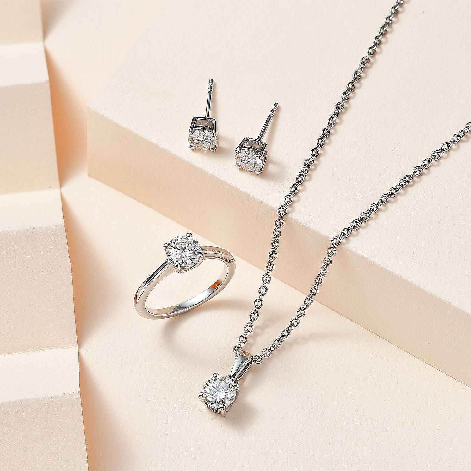 Moissanite Solitaire Stud Earrings, Solitaire Ring (Size 5.0) and Pendant in Platinum Over Sterling Silver with Stainless Steel Necklace (20 Inches) 2.35 ctw