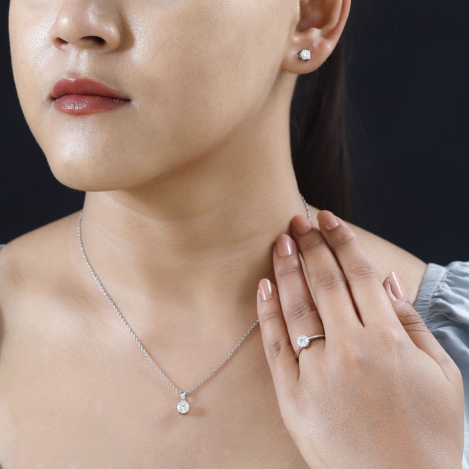 Moissanite Solitaire Stud Earrings, Solitaire Ring (Size 5.0) and Pendant in Platinum Over Sterling Silver with Stainless Steel Necklace (20 Inches) 2.35 ctw