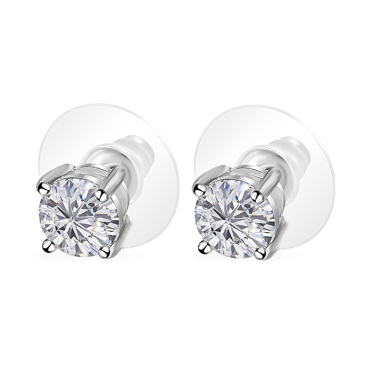 Moissanite Solitaire Stud Earrings, Solitaire Ring (Size 5.0) and Pendant in Platinum Over Sterling Silver with Stainless Steel Necklace (20 Inches) 2.35 ctw