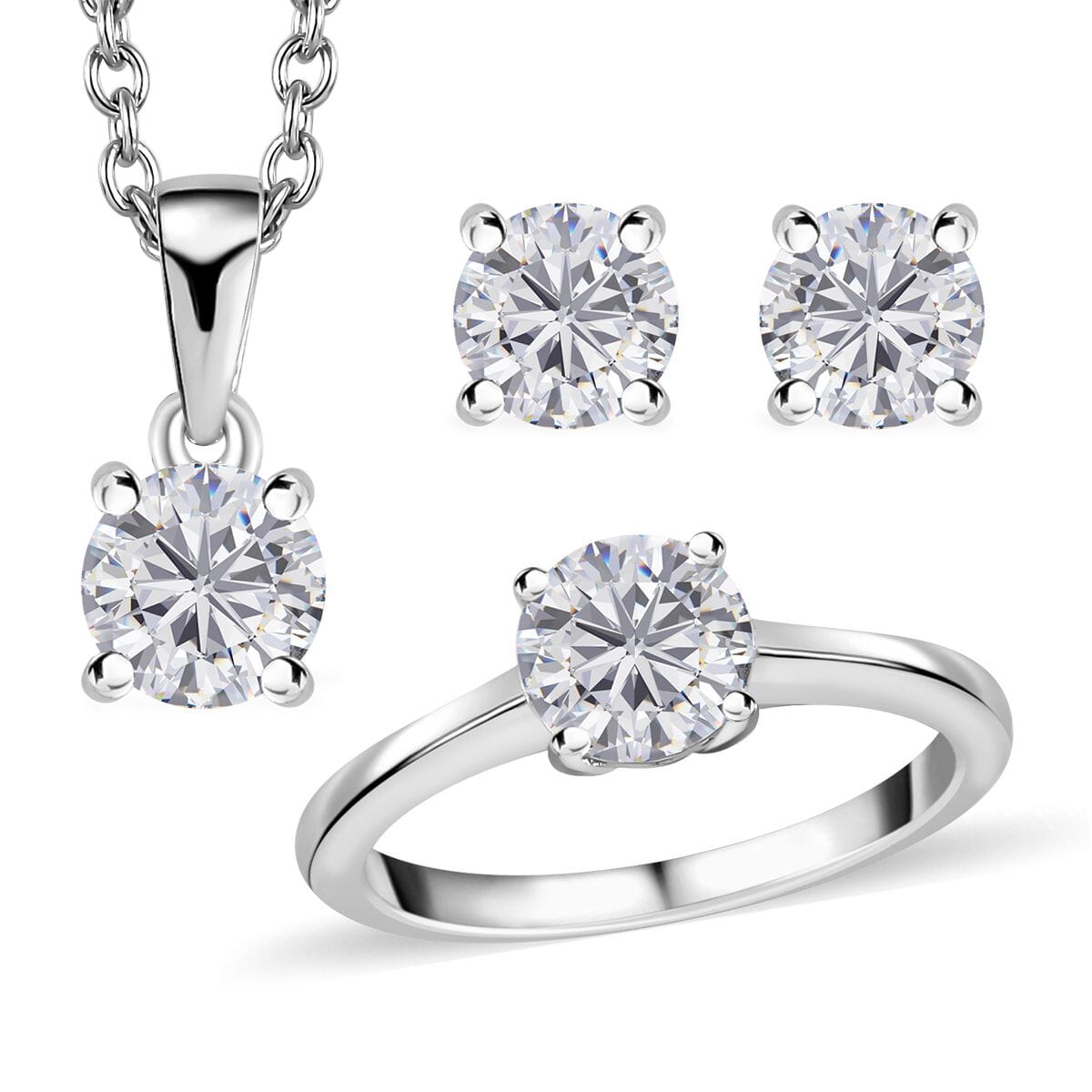 Moissanite Solitaire Stud Earrings, Solitaire Ring (Size 8.0) and Pendant in Platinum Over Sterling Silver with Stainless Steel Necklace (20 Inches) 2.35 ctw image number 0