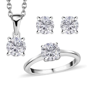 Moissanite Solitaire Stud Earrings, Solitaire Ring (Size 8.0) and Pendant in Platinum Over Sterling Silver with Stainless Steel Necklace (20 Inches) 2.35 ctw
