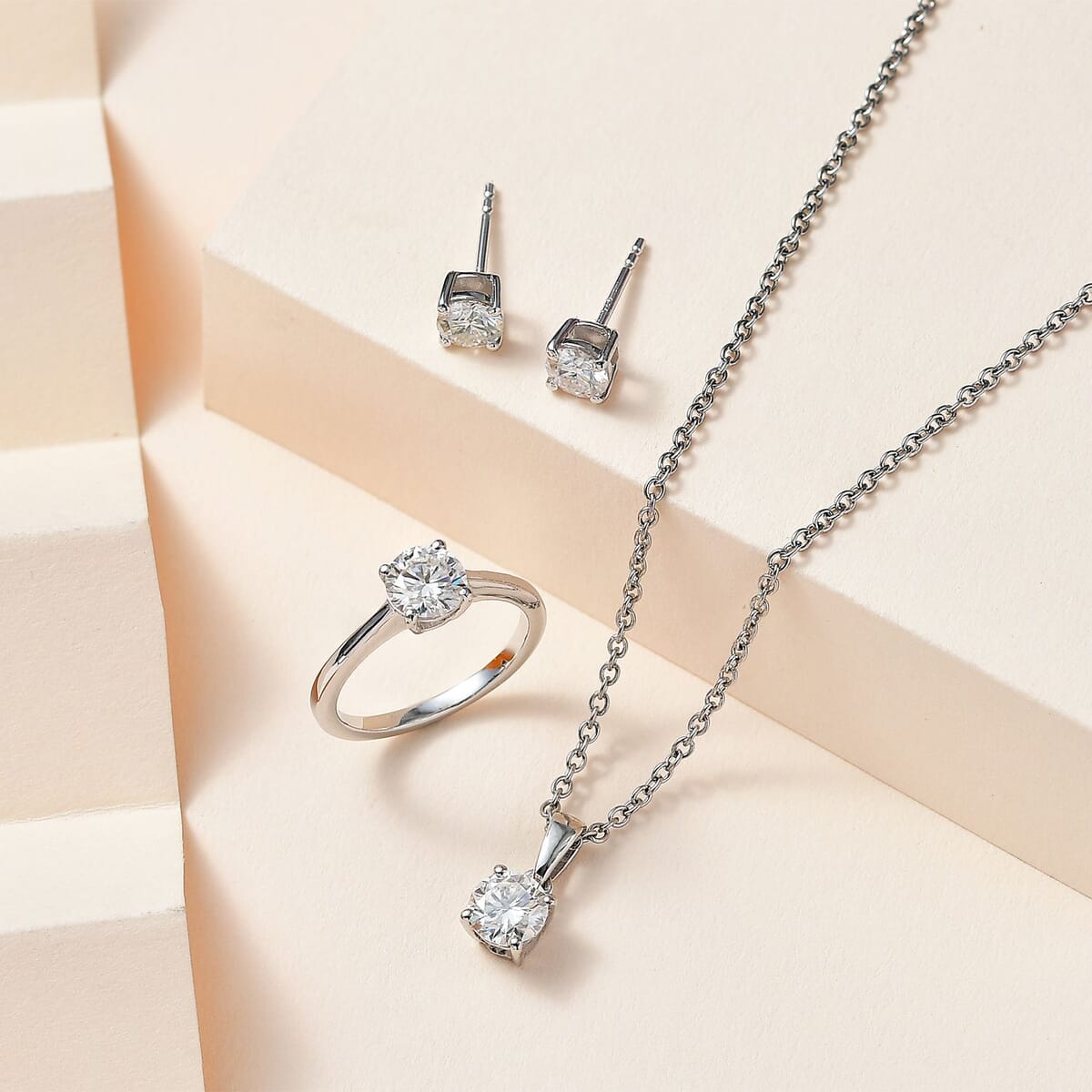 Moissanite Solitaire Stud Earrings, Solitaire Ring (Size 8.0) and Pendant in Platinum Over Sterling Silver with Stainless Steel Necklace (20 Inches) 2.35 ctw image number 1