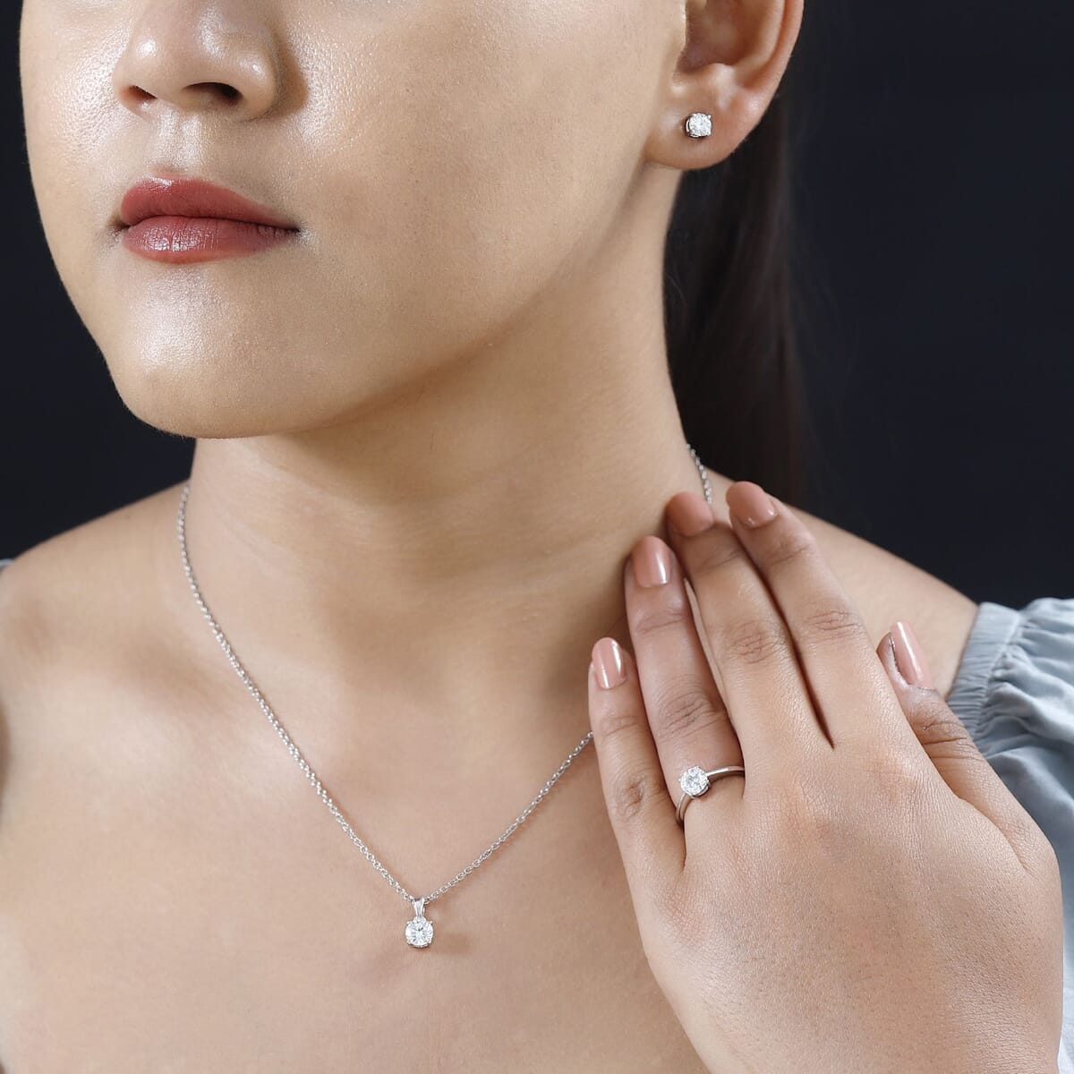 Moissanite Solitaire Stud Earrings, Solitaire Ring (Size 8.0) and Pendant in Platinum Over Sterling Silver with Stainless Steel Necklace (20 Inches) 2.35 ctw image number 2