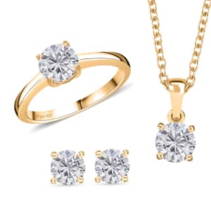 Moissanite Stud Earrings, Ring (Size 5.0) and Pendant in Vermeil YG Over Sterling Silver with ION Plated YG Stainless Steel Necklace 20 Inches 2.35 ctw