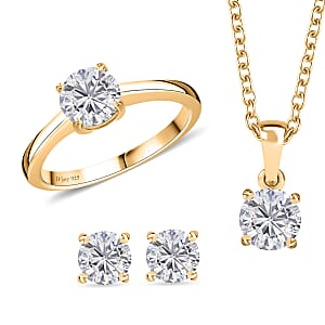 Moissanite Stud Earrings, Ring (Size 7.0) and Pendant in Vermeil YG Over Sterling Silver with ION Plated YG Stainless Steel Necklace (20 Inches) 2.35 ctw