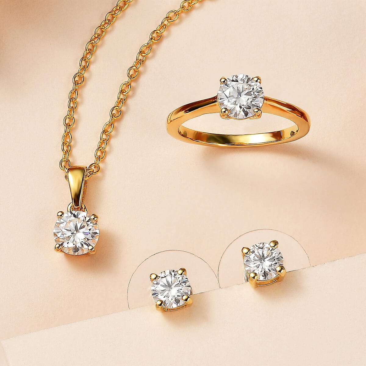 Moissanite Stud Earrings, Ring (Size 7.0) and Pendant in Vermeil YG Over Sterling Silver with ION Plated YG Stainless Steel Necklace (20 Inches) 2.35 ctw image number 1