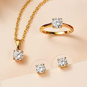 Moissanite Stud Earrings, Ring (Size 7.0) and Pendant in Vermeil YG Over Sterling Silver with ION Plated YG Stainless Steel Necklace (20 Inches) 2.35 ctw