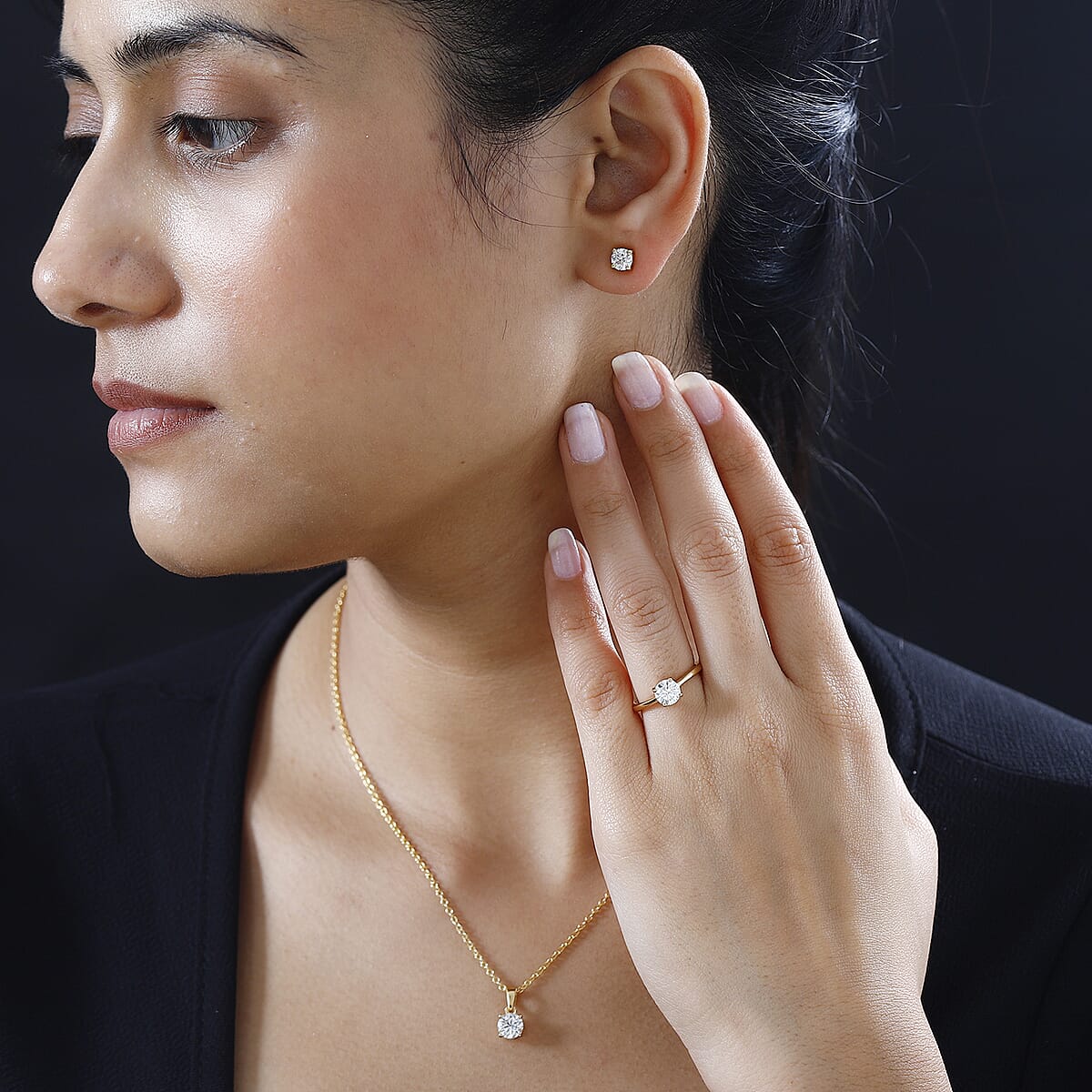 Moissanite Stud Earrings, Ring (Size 7.0) and Pendant in Vermeil YG Over Sterling Silver with ION Plated YG Stainless Steel Necklace (20 Inches) 2.35 ctw image number 2