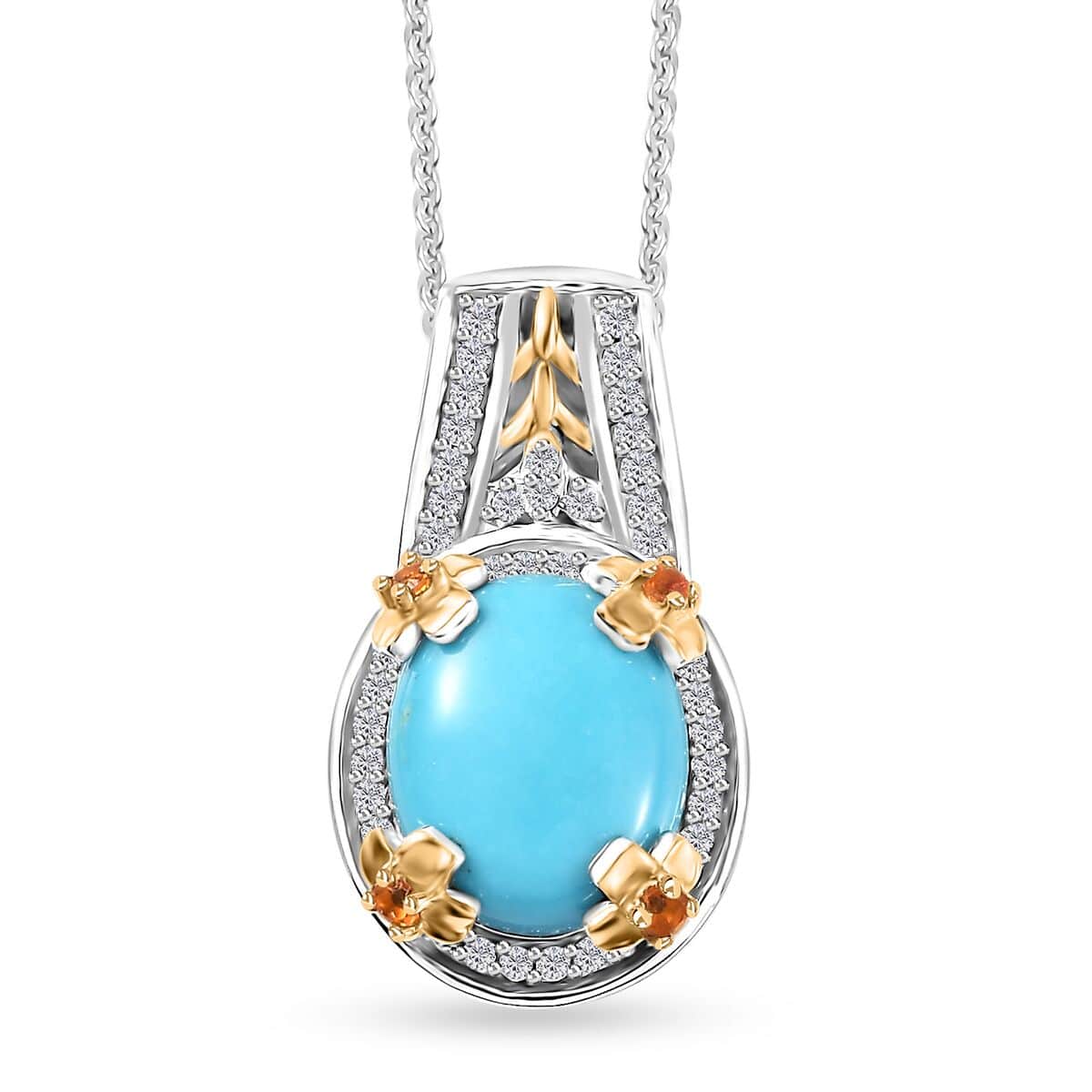 Sleeping Beauty Turquoise and Multi Gemstone Leaf and Flower Pendant Necklace 20 Inches in Vermeil Yellow Gold and Platinum Over Sterling Silver 3.75 ctw image number 0