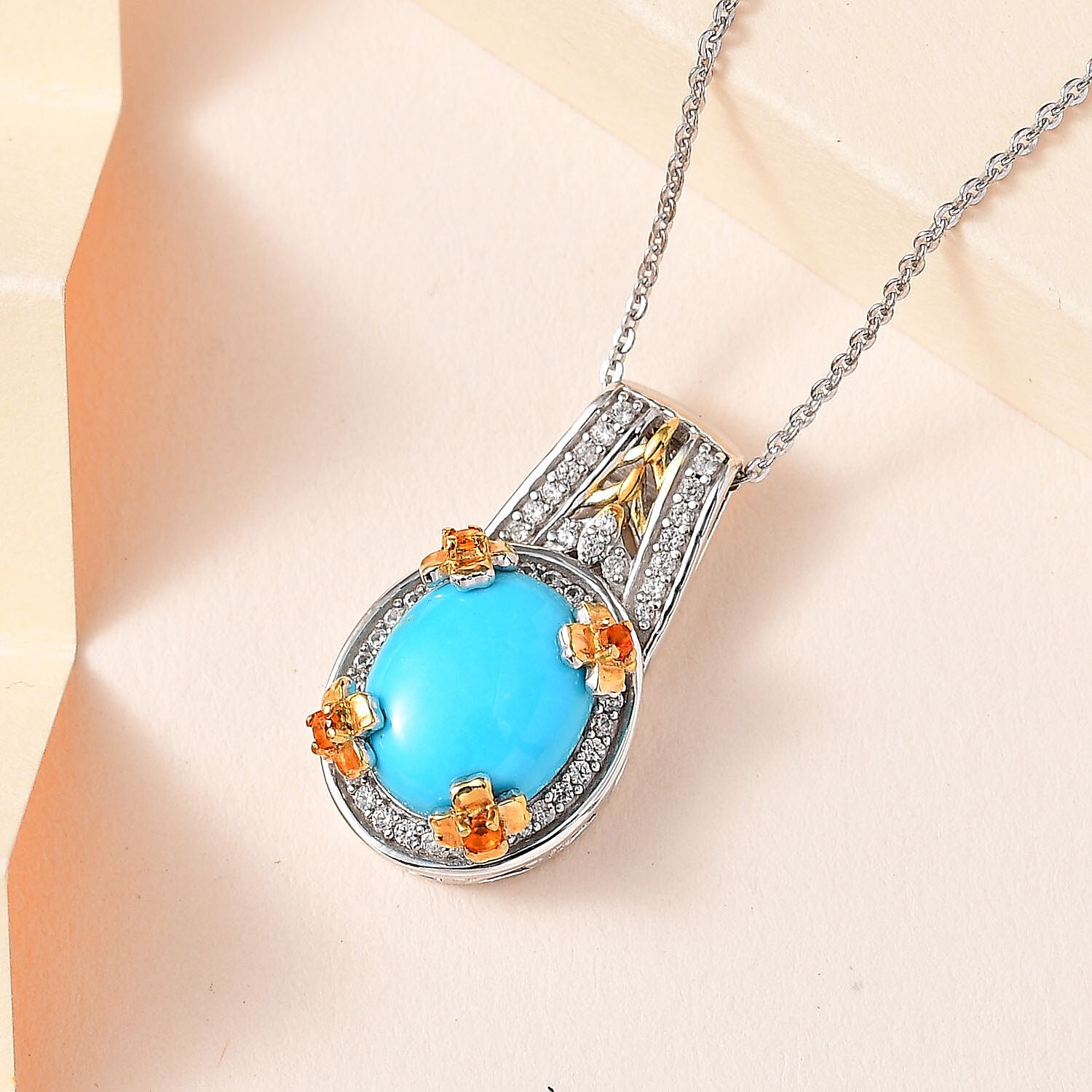 Sleeping Beauty Turquoise and Multi Gemstone Leaf and Flower Pendant Necklace 20 Inches in Vermeil Yellow Gold and Platinum Over Sterling Silver 3.75 ctw