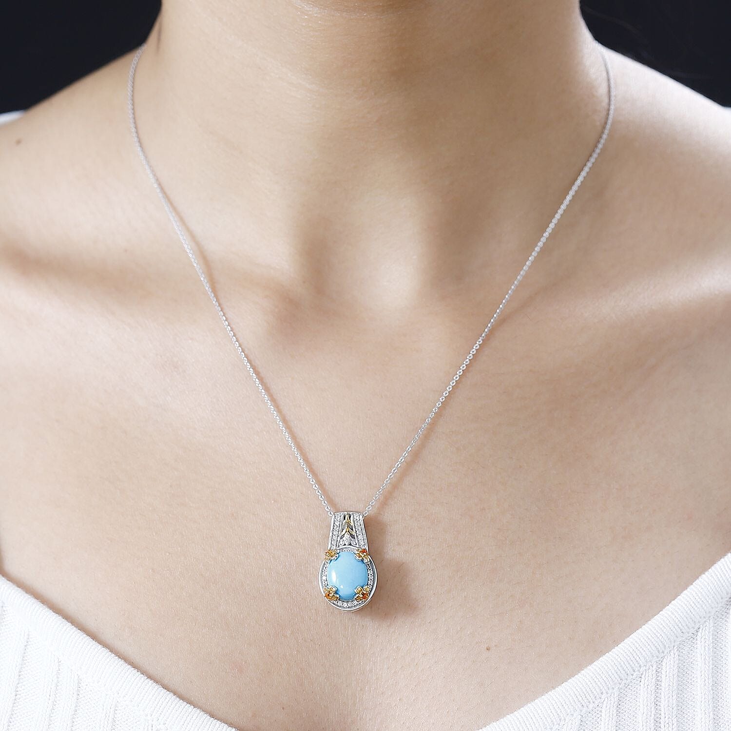 Sleeping Beauty Turquoise and Multi Gemstone Leaf and Flower Pendant Necklace 20 Inches in Vermeil Yellow Gold and Platinum Over Sterling Silver 3.75 ctw