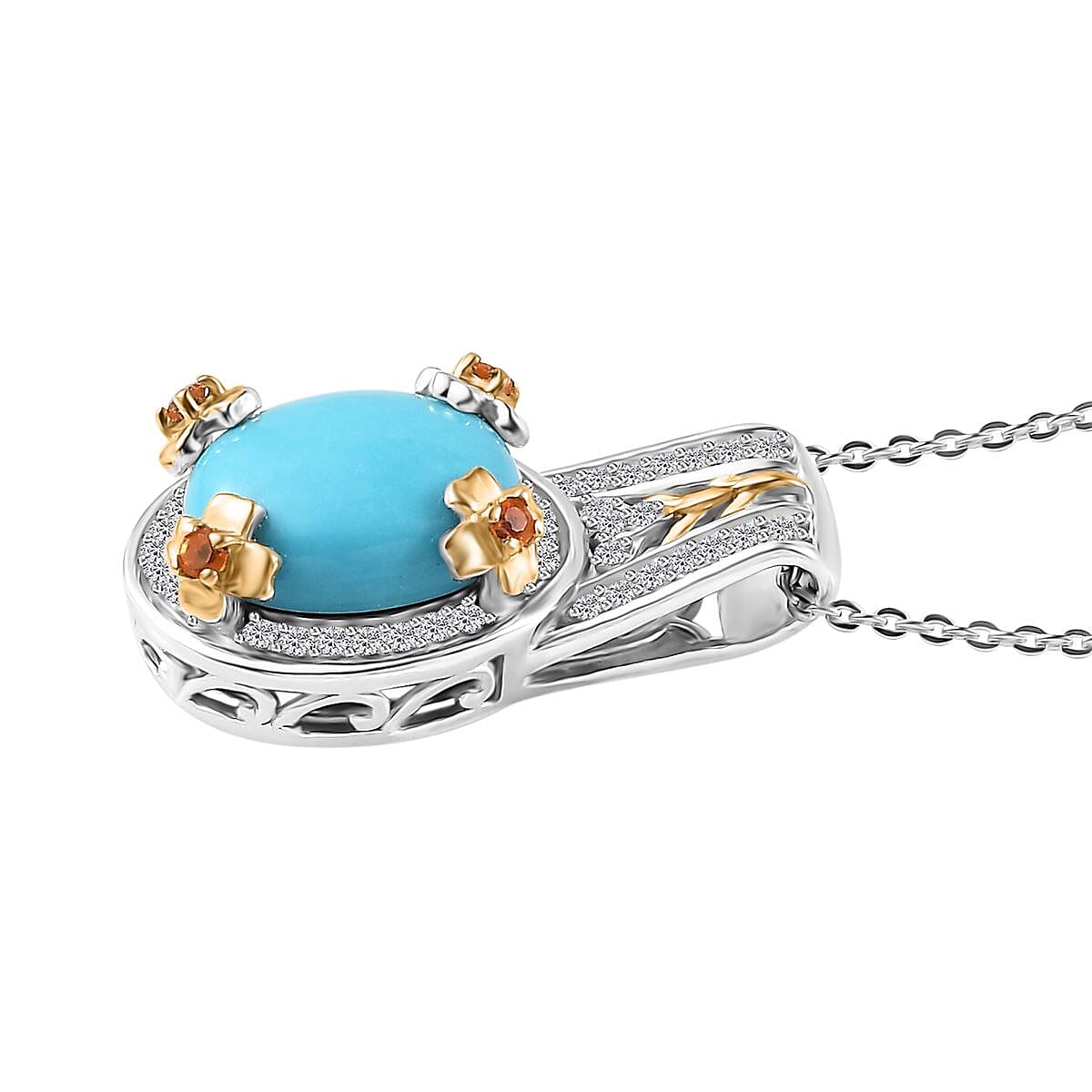 Sleeping Beauty Turquoise and Multi Gemstone Leaf and Flower Pendant Necklace 20 Inches in Vermeil Yellow Gold and Platinum Over Sterling Silver 3.75 ctw