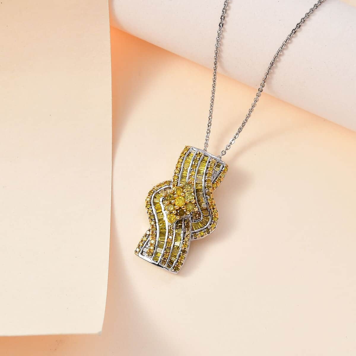 Yellow Diamond Bypass Pendant Necklace 20 Inches in Platinum Over Sterling Silver 1.00 ctw image number 1