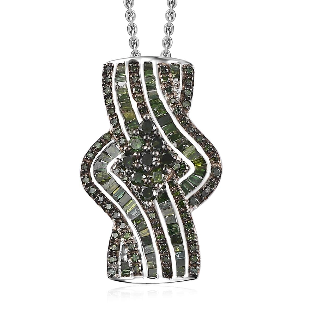 Green Diamond Bypass Pendant Necklace 20 Inches in Platinum Over Sterling Silver 1.00 ctw image number 0