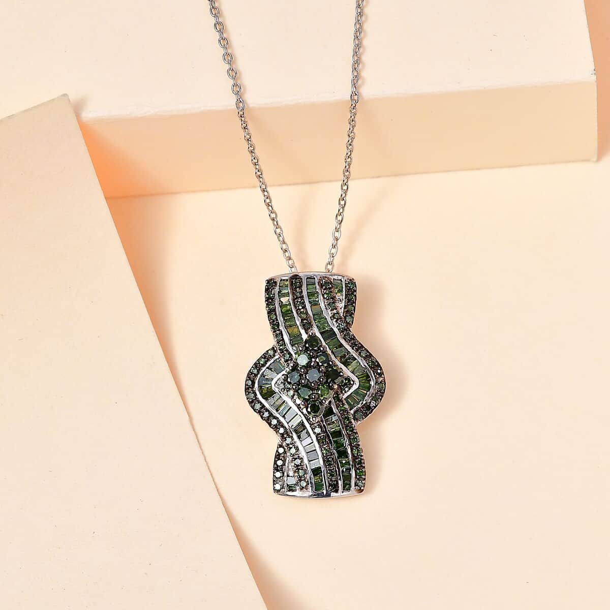 Green Diamond Bypass Pendant Necklace 20 Inches in Platinum Over Sterling Silver 1.00 ctw image number 1