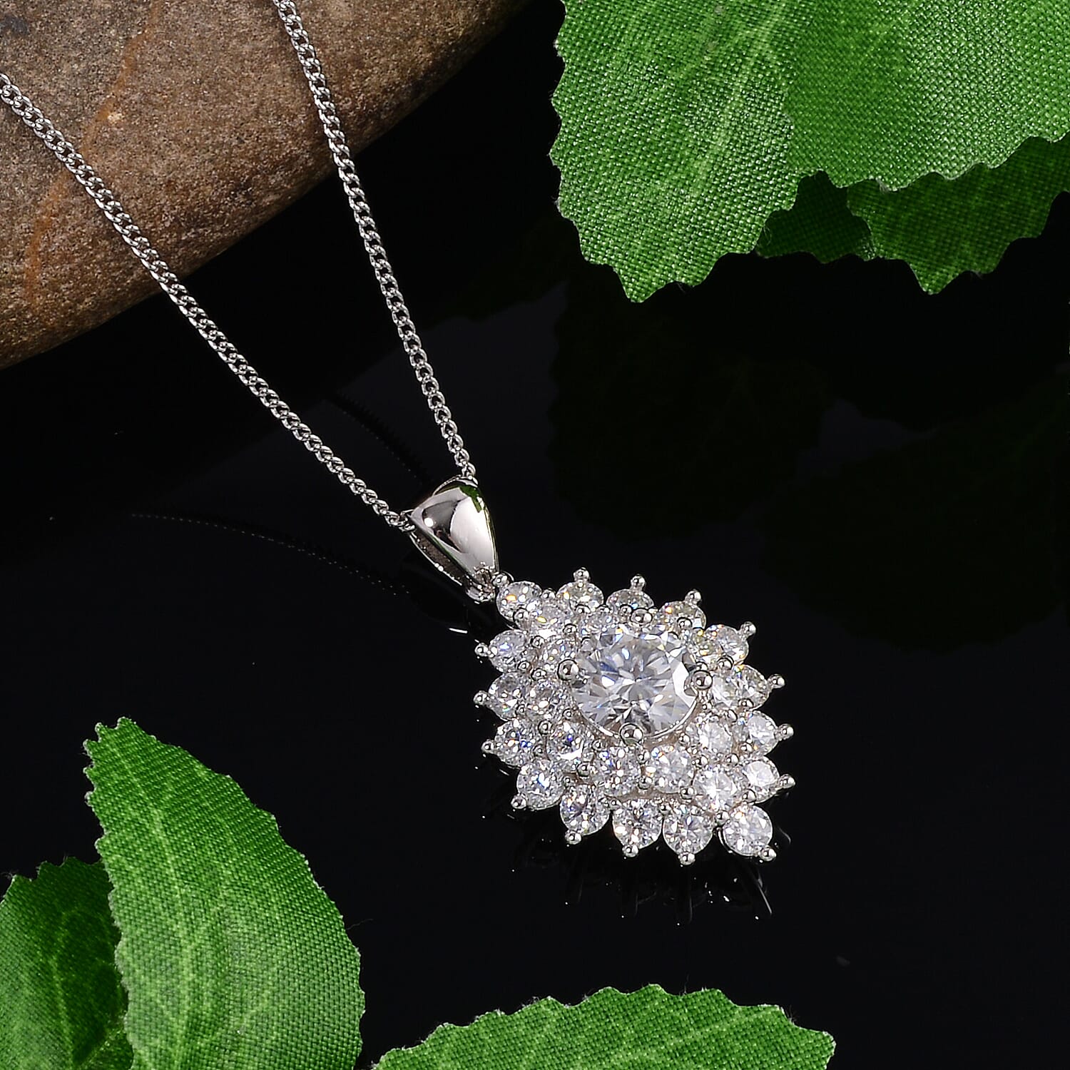 Moissanite Floral Pendant Necklace 18 Inches in Platinum Over Sterling Silver 2.80 ctw
