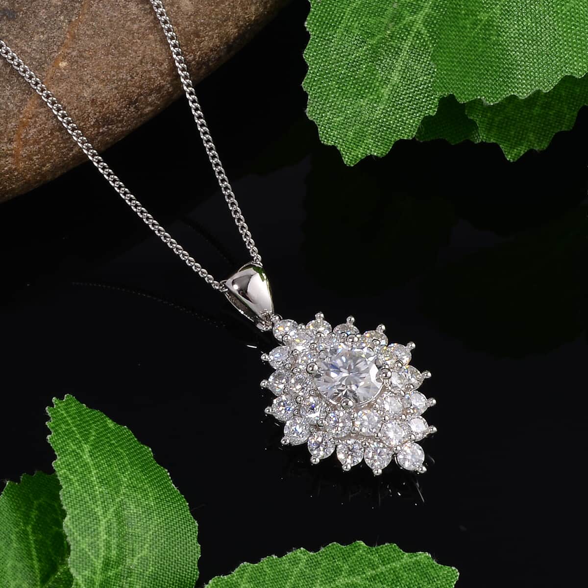 Moissanite Floral Pendant Necklace 18 Inches in Platinum Over Sterling Silver 2.80 ctw image number 1