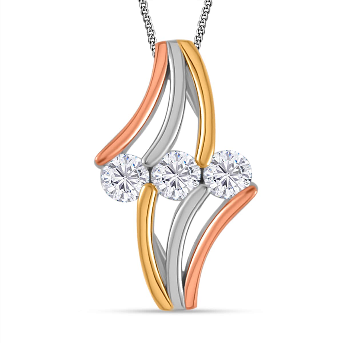 White Moissanite Pendant Necklace 18 Inches in 14K Yellow, Rose Gold and Rhodium Over Sterling Silver 0.70 ctw image number 0