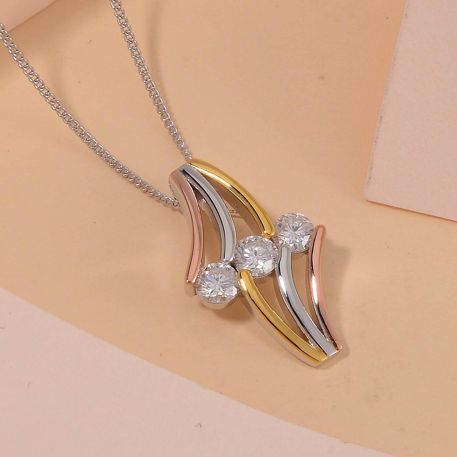 White Moissanite Pendant Necklace 18 Inches in 14K Yellow, Rose Gold and Rhodium Over Sterling Silver 0.70 ctw