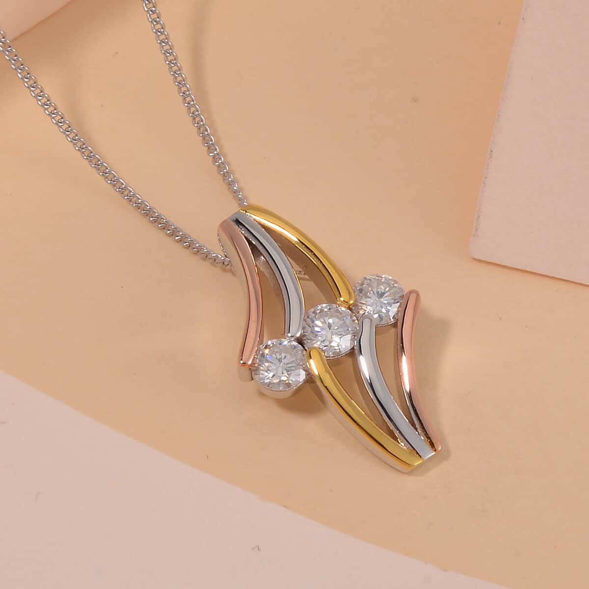 White Moissanite Pendant Necklace 18 Inches in 14K Yellow, Rose Gold and Rhodium Over Sterling Silver 0.70 ctw image number 1