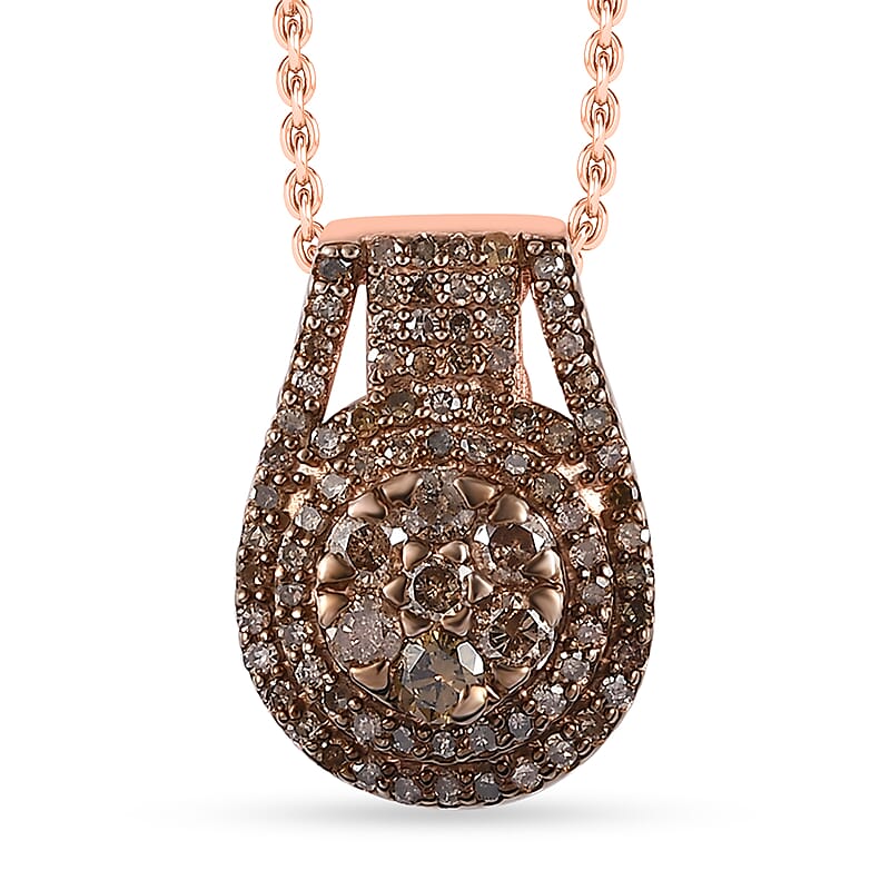 Natural Champagne Diamond Cocktail Pendant Necklace 20 Inches in Vermeil Rose Gold Over Sterling Silver 0.75 ctw