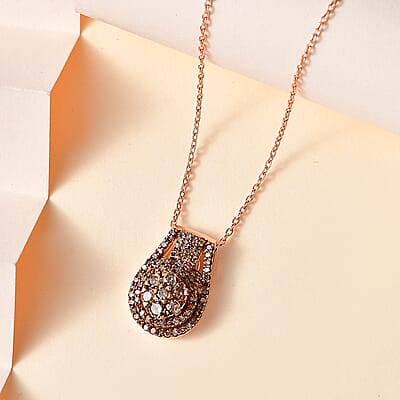 Natural Champagne Diamond Cocktail Pendant Necklace 20 Inches in Vermeil Rose Gold Over Sterling Silver 0.75 ctw