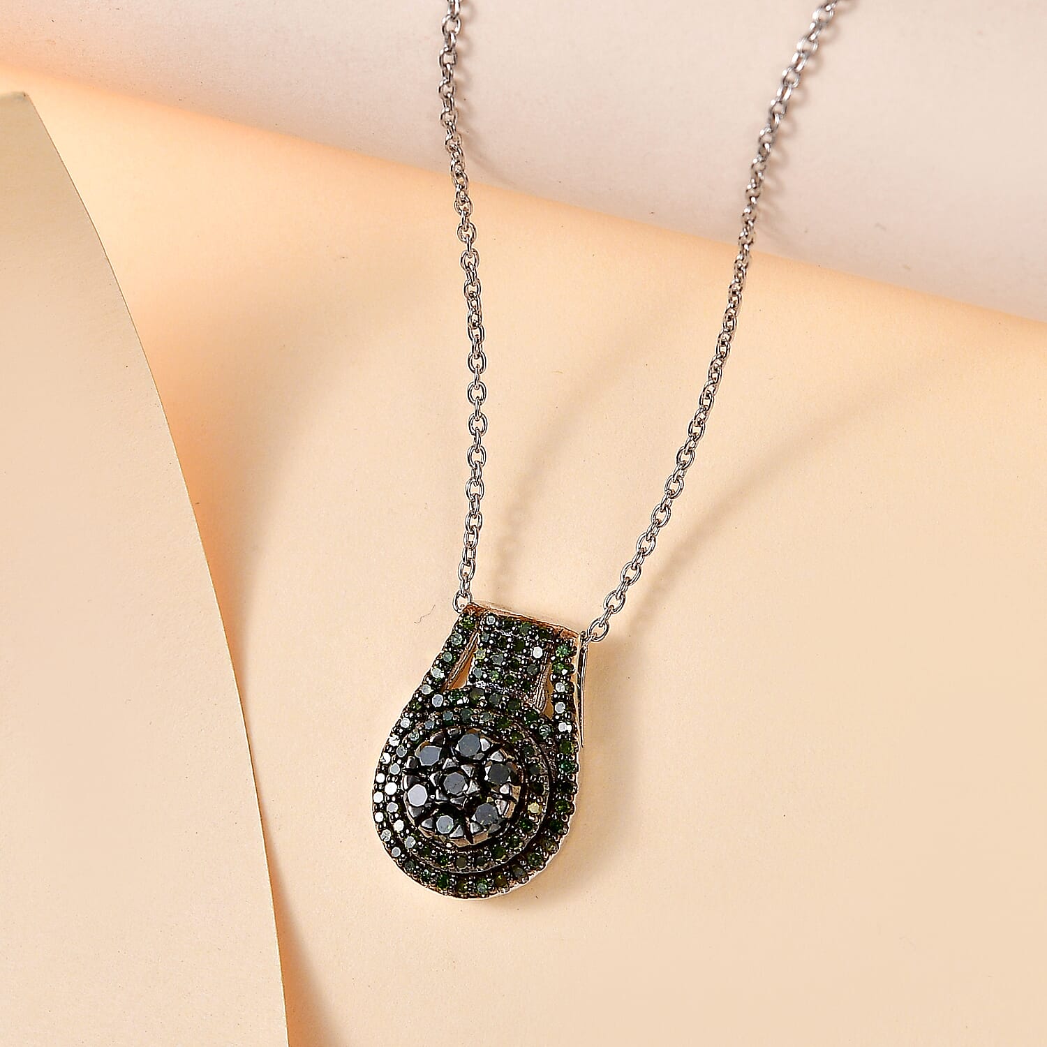 Green Diamond Cocktail Pendant Necklace 20 Inches in Platinum Over Sterling Silver 0.75 ctw