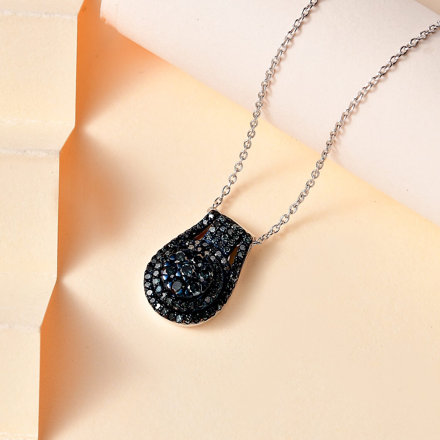 Blue Diamond Cocktail Pendant Necklace 20 Inches in Platinum Over Sterling Silver 0.75 ctw