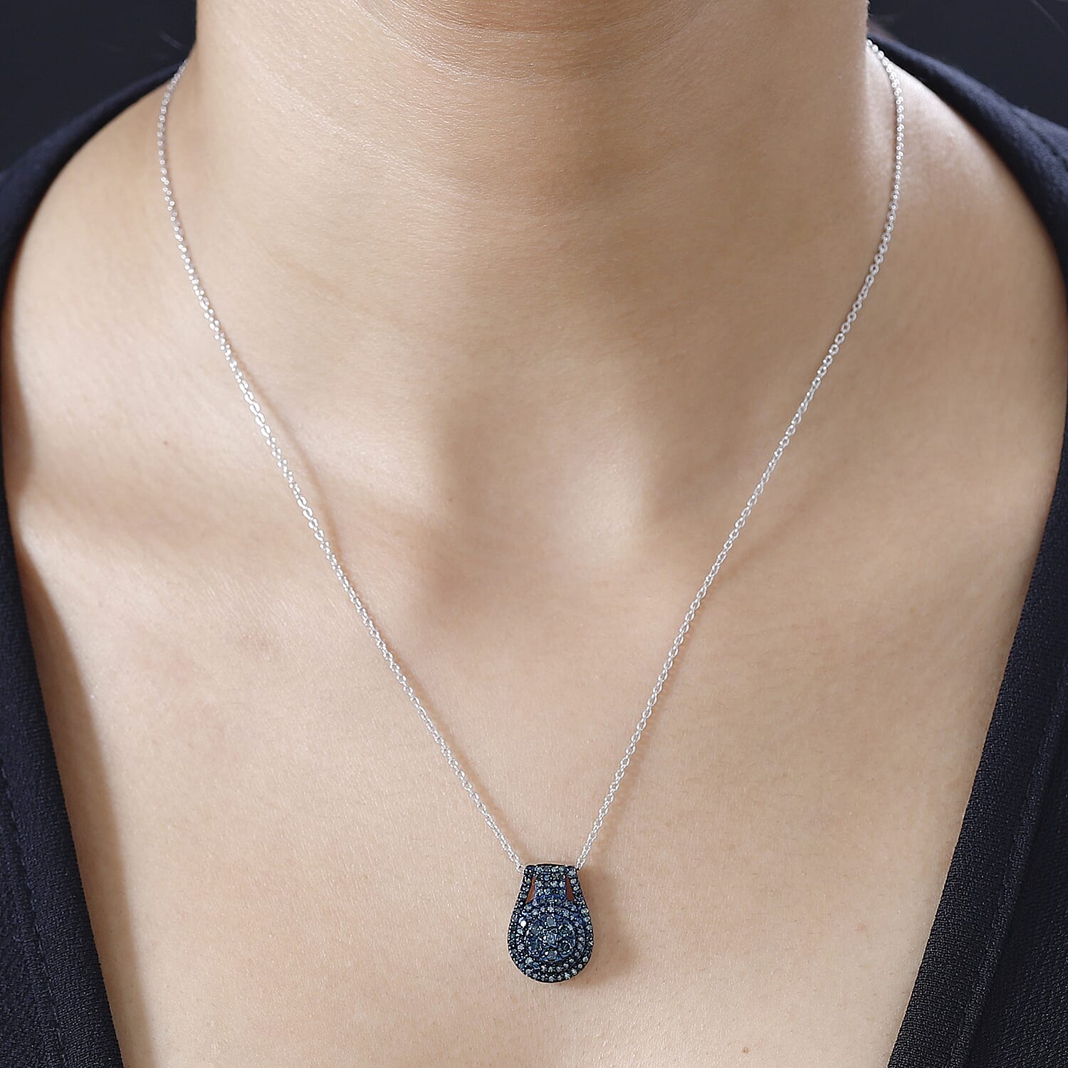 Blue Diamond Cocktail Pendant Necklace 20 Inches in Platinum Over Sterling Silver 0.75 ctw