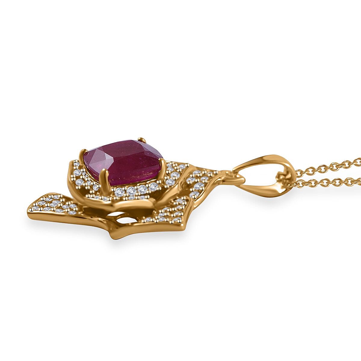 Niassa Ruby (FF) and White Zircon Floral Pendant Necklace 18 Inches in Vermeil Yellow Gold Over Sterling Silver 4.00 ctw