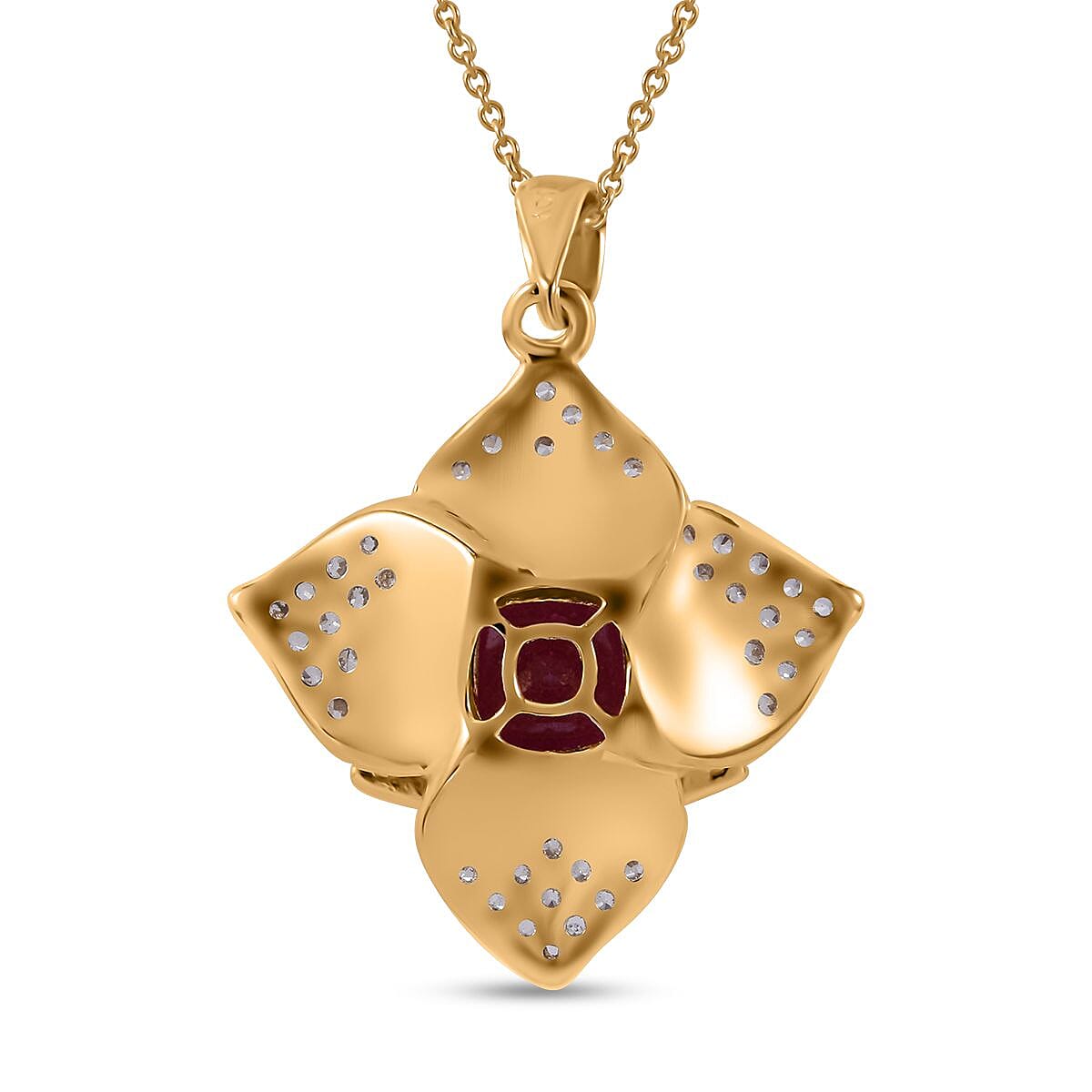 Niassa Ruby (FF) and White Zircon Floral Pendant Necklace 18 Inches in Vermeil Yellow Gold Over Sterling Silver 4.00 ctw