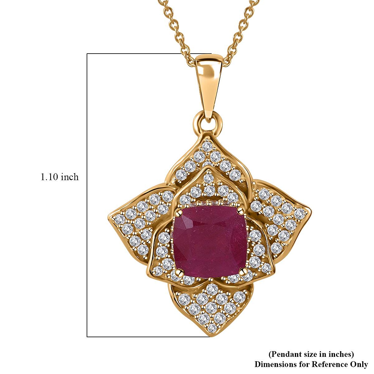 Niassa Ruby (FF) and White Zircon Floral Pendant Necklace 18 Inches in Vermeil Yellow Gold Over Sterling Silver 4.00 ctw
