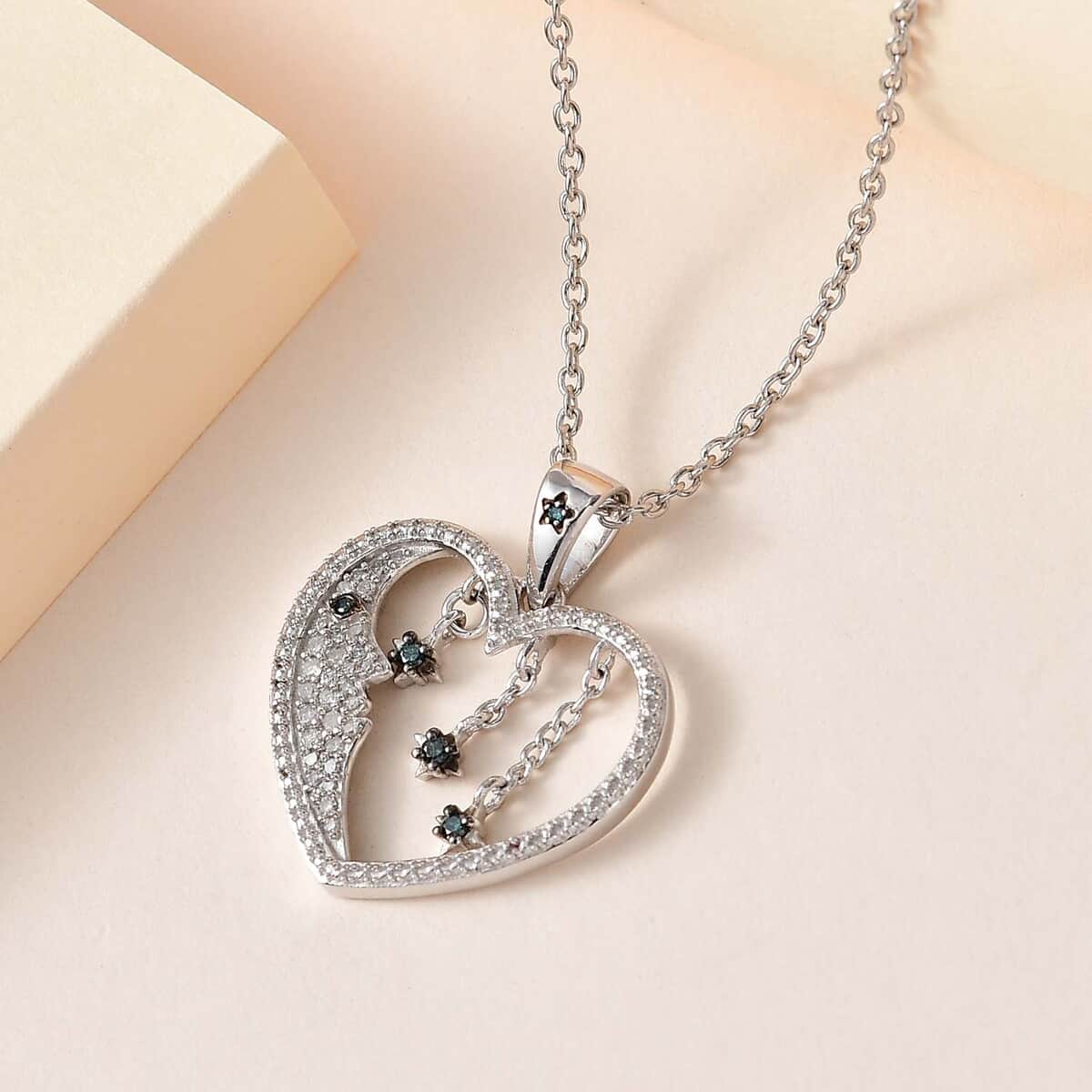 GP Celestial Dream Collection Blue and White Diamond Heart Pendant Necklace 20 Inches in Platinum Over Sterling Silver 0.25 ctw image number 1