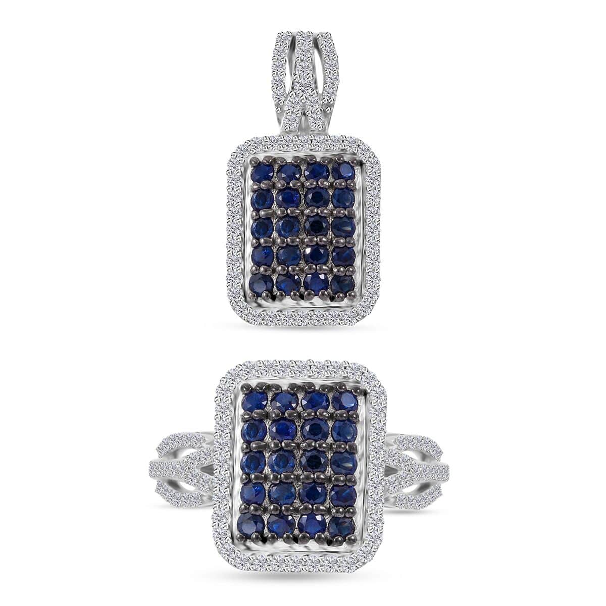 Kanchanaburi Blue Sapphire and White Zircon Octagon Shape Ring (Size 6.0) and Pendant in Platinum Over Sterling Silver 2.00 ctw image number 0