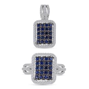 Kanchanaburi Blue Sapphire and White Zircon Octagon Shape Ring (Size 6.0) and Pendant in Platinum Over Sterling Silver 2.00 ctw