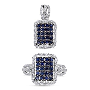 Kanchanaburi Blue Sapphire and White Zircon Octagon Shape Ring (Size 8.0) and Pendant in Platinum Over Sterling Silver 2.00 ctw