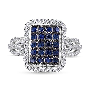 Kanchanaburi Blue Sapphire and White Zircon Octagon Shape Ring (Size 8.0) and Pendant in Platinum Over Sterling Silver 2.00 ctw