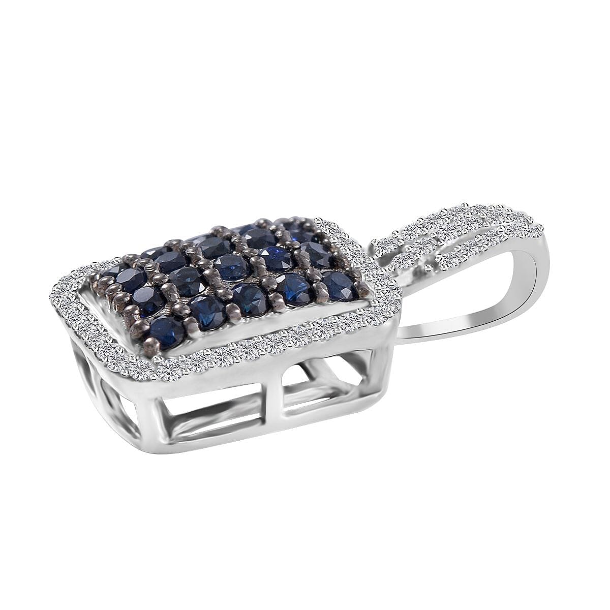 Kanchanaburi Blue Sapphire and White Zircon Octagon Shape Ring (Size 8.0) and Pendant in Platinum Over Sterling Silver 2.00 ctw image number 5