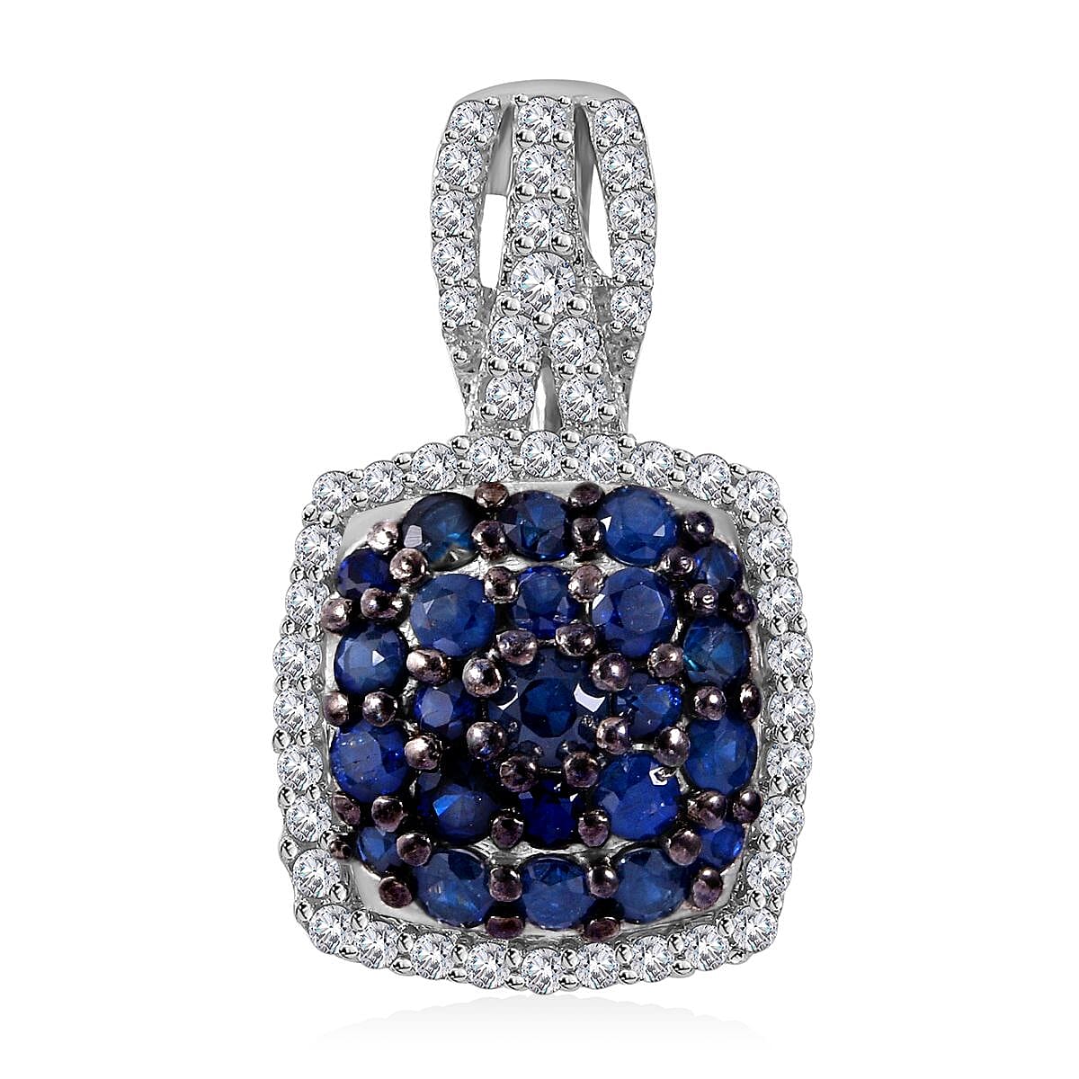 Kanchanburi Blue Sapphire and White Zircon Cushion Shape Ring (Size 6.0) and Pendant in Platinum Over Sterling Silver 2.25 ctw