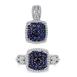 Kanchanaburi Blue Sapphire and White Zircon Cushion Shape Ring (Size 7.0) and Pendant in Platinum Over Sterling Silver 2.25 ctw