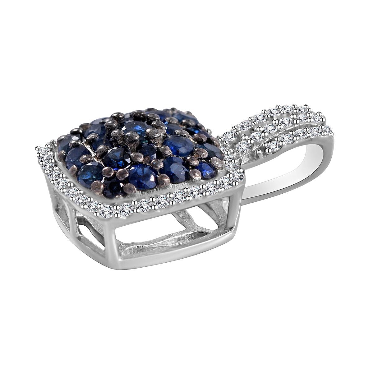 Kanchanaburi Blue Sapphire and White Zircon Cushion Shape Ring (Size 7.0) and Pendant in Platinum Over Sterling Silver 2.25 ctw image number 2