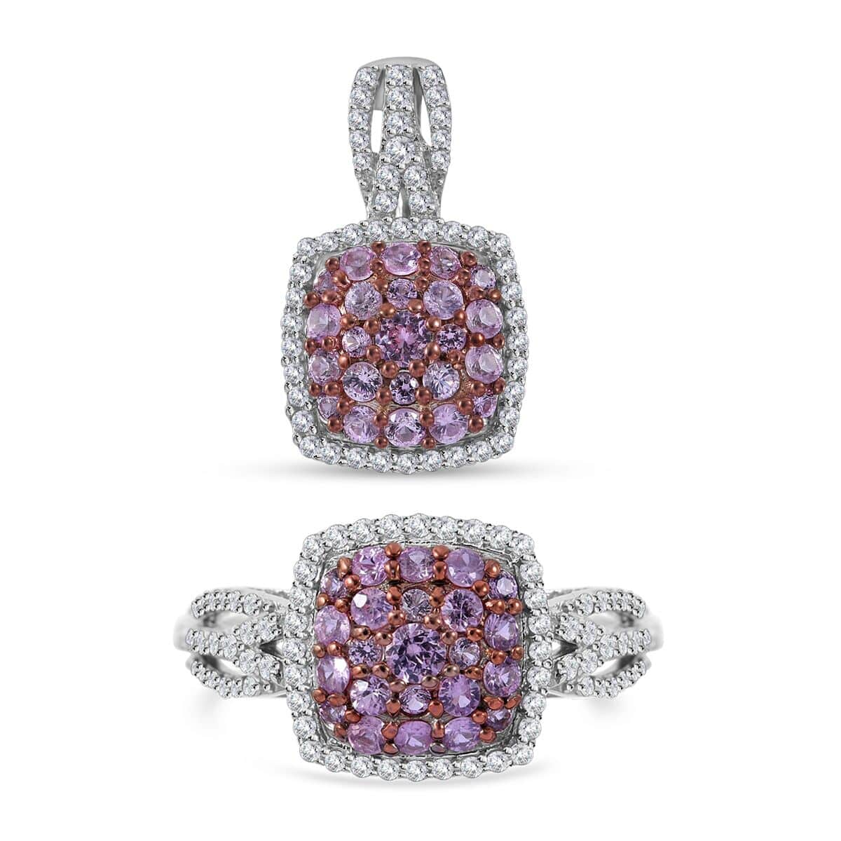 Madagascar Pink Sapphire and White Zircon Cushion Shape Ring (Size 6.0) and Pendant in Platinum Over Sterling Silver 2.25 ctw image number 0