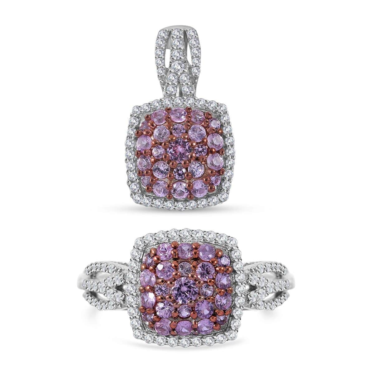 Madagascar Pink Sapphire and White Zircon Cushion Shape Ring (Size 8.0) and Pendant in Platinum Over Sterling Silver 2.25 ctw image number 0